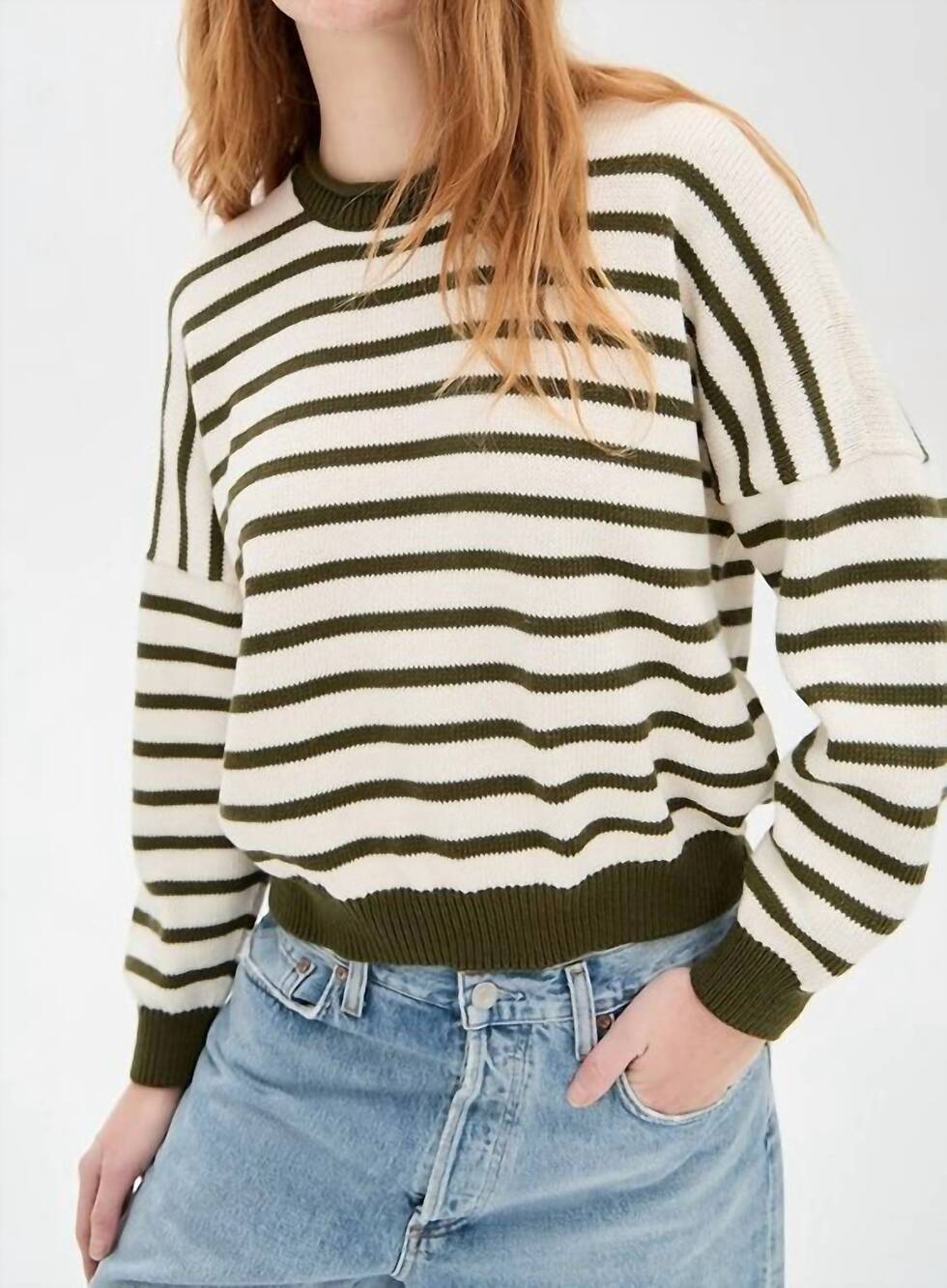NEW THE GREAT. roll neck pullover sweater in olive and cream